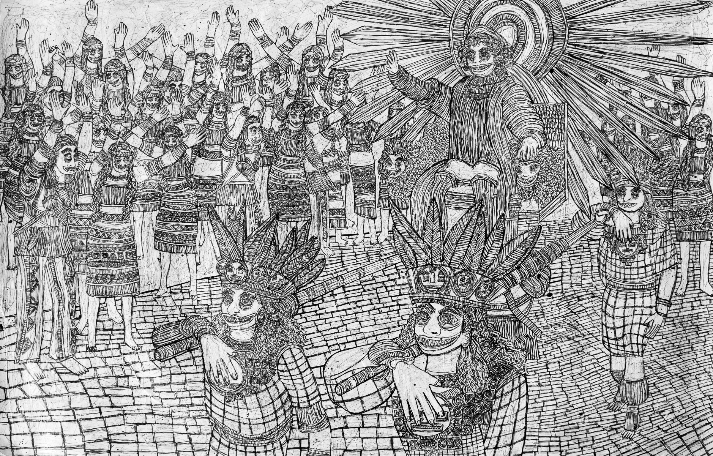 A black and white, heavily detailed drawing of Christopher Columbus in a parade, being carried by Native Americans.
