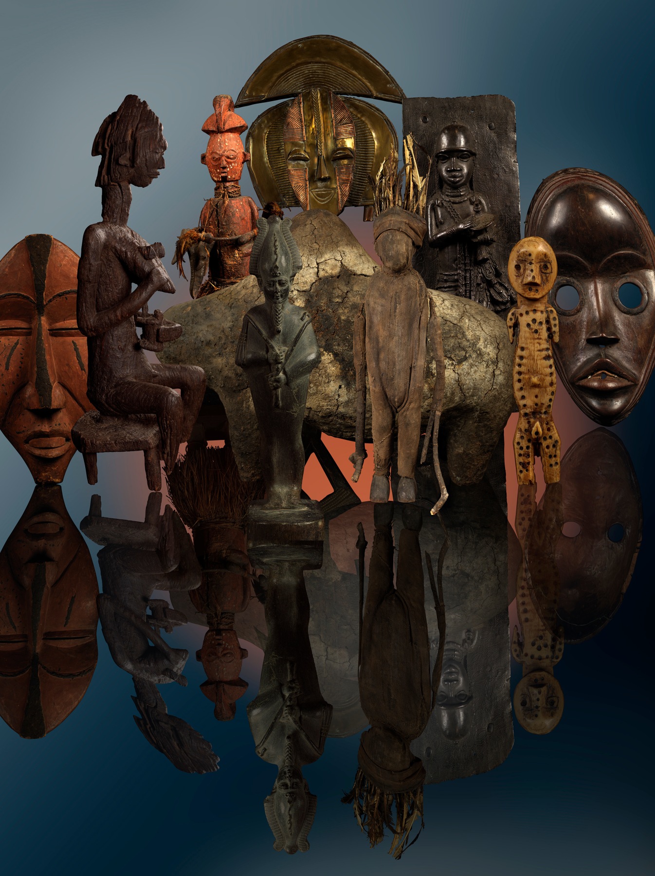 Ken Gonzales-Day Africa (Digital composition with Africa, Democratic Republic of the Congo, Mask; Mali, Mother and Child Figure for the Gwan Association; Africa, Democratic Republic of the Congo, Figure of Hunter; Africa, Gabon, Funerary Figure; Africa, Nigeria, Plaque; Africa, Liberia, Mask; Africa, Republic of Mali, Boli (Komo Society Altar); Egypt, Saqqara, Shabti of Heka-em-saef, Captain of the Royal Fleet; Africa, C&ocirc;te d&#039;Ivoire, Fetish Figure; Africa, Democratic Republic of the Congo, Figure; All LACMA), 2025