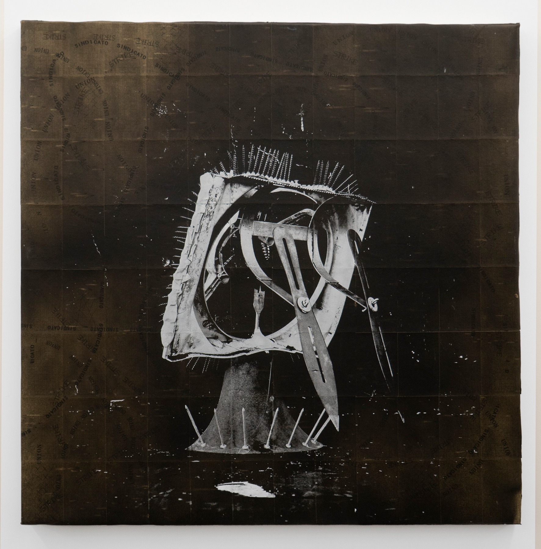 Rodrigo Valenzuela, Weapons #5, 2021, Screenprint on collaged time cards on canvas, 48 x 36 in.