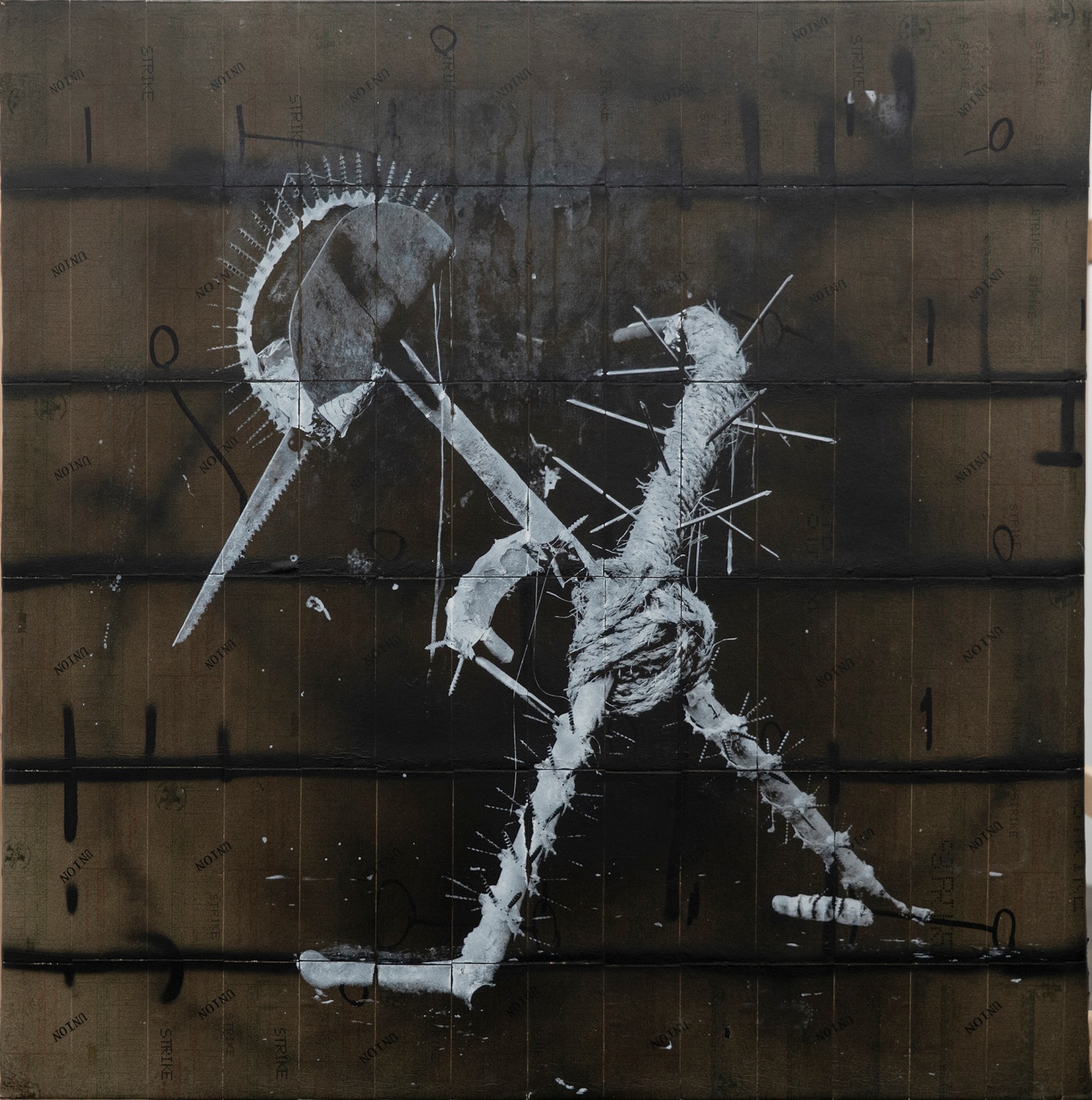 Rodrigo Valenzuela, Weapons #10, 2021, Screenprint on collaged time cards on canvas, 48 x 48 in.