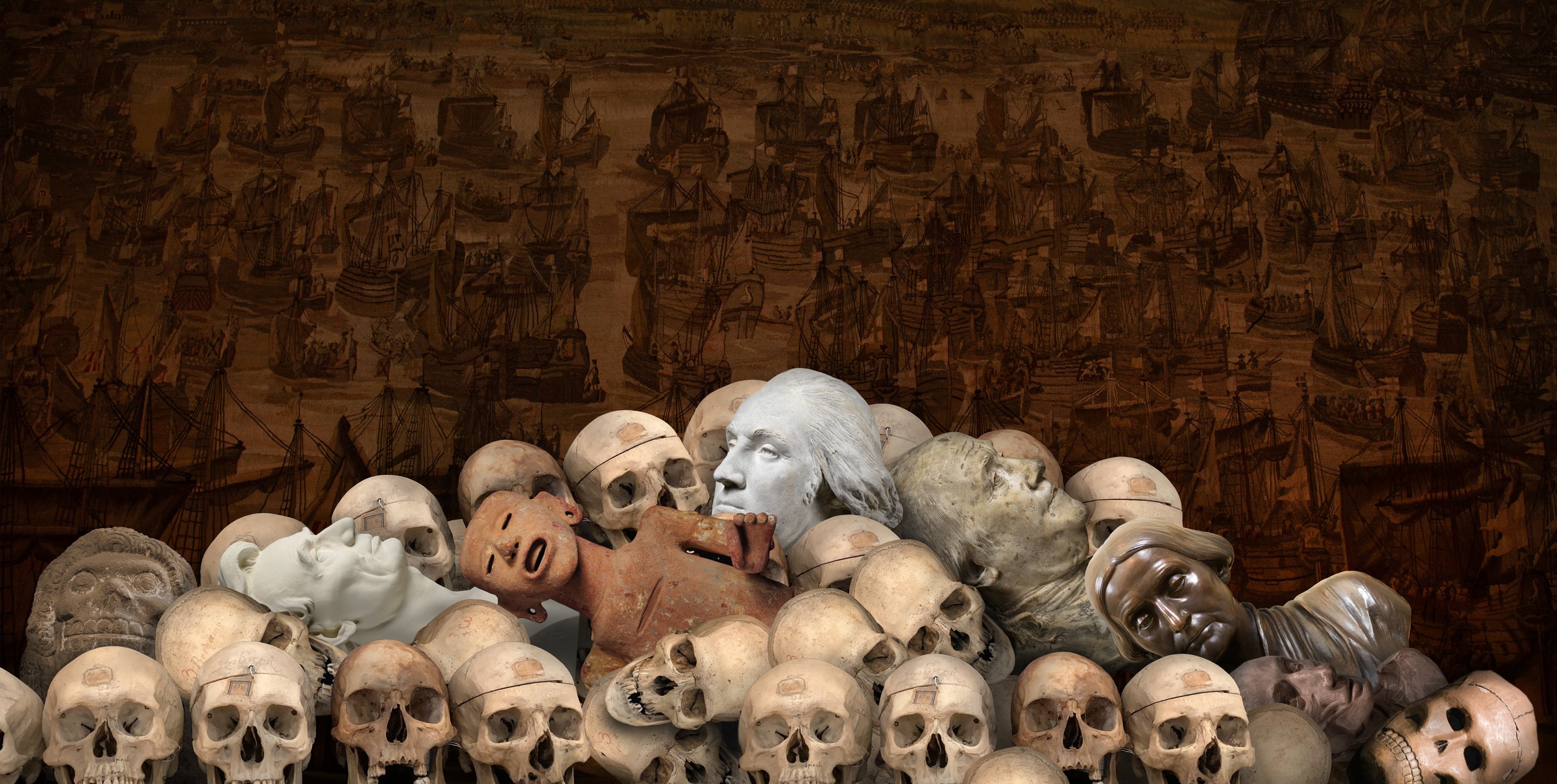 Ken Gonzales-Day Afterlife (Digital composition with Mexico, Effigy of Death, National Museum of Anthropology (MNA), Mexico City; Leonard Wells Volk, Abraham Lincoln, Smithsonian National Portrait Gallery (NGP); Mexico, Aztec, Figure of Xipe Totec, LACMA; Jean-Antoine Houdon, George Washington, NPG;&nbsp; Houdon, Benjamin Franklin, NPG; Adelaide Johnson, Susan B. Anthony, NPG; Mexico,Scull Mask, MNA; Jean-Antoine Houdon, Flayed Man; Sculls, Museum of Criminal Anthropology, Turin; Rosenborg Tapestries, Rosenborg Castle, Copenhagen), 2025