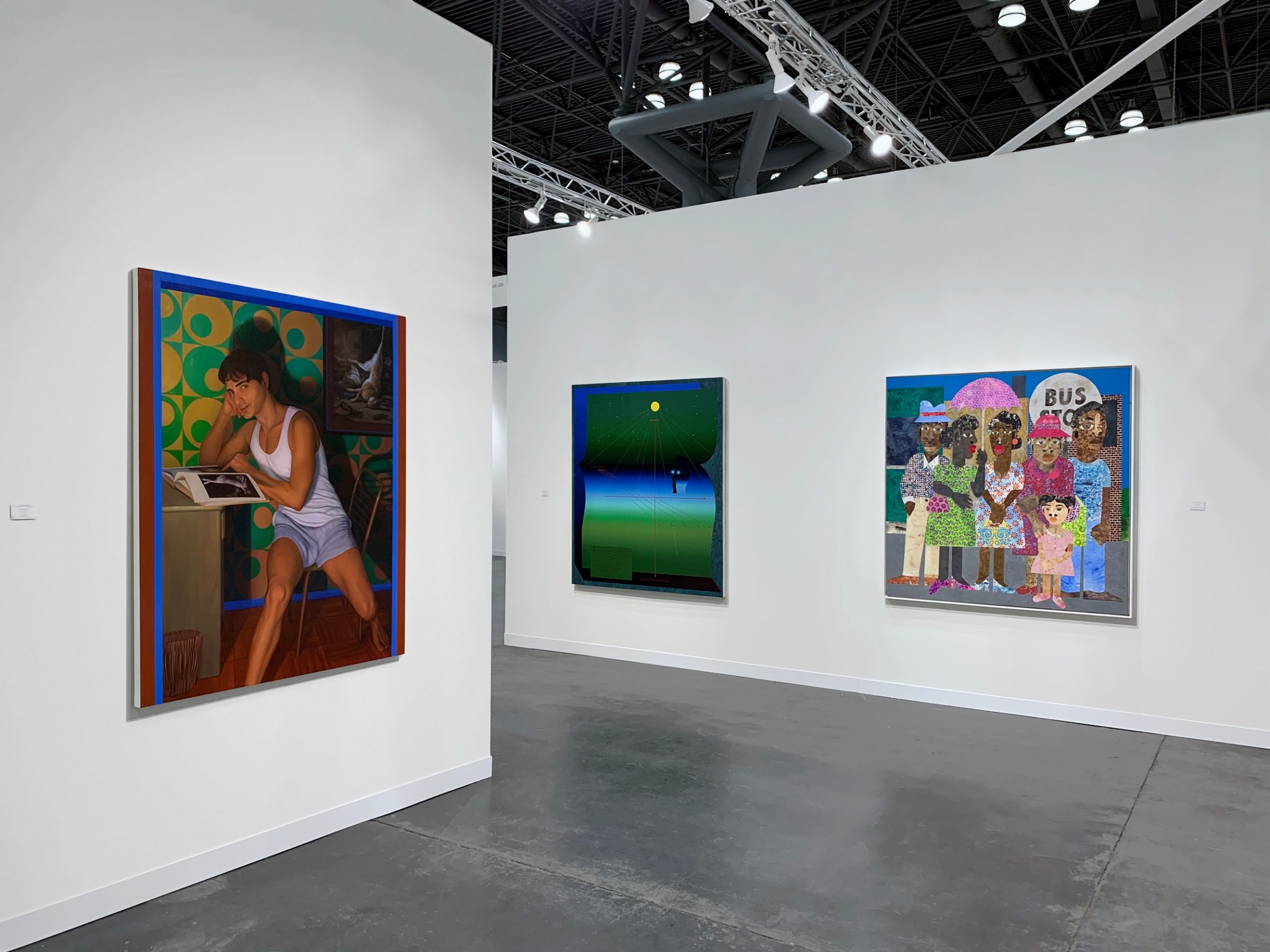 Installation view with a Laura Krifka painting on the left: Nicolas Grenier in the center and Evita Tezeno on the right.