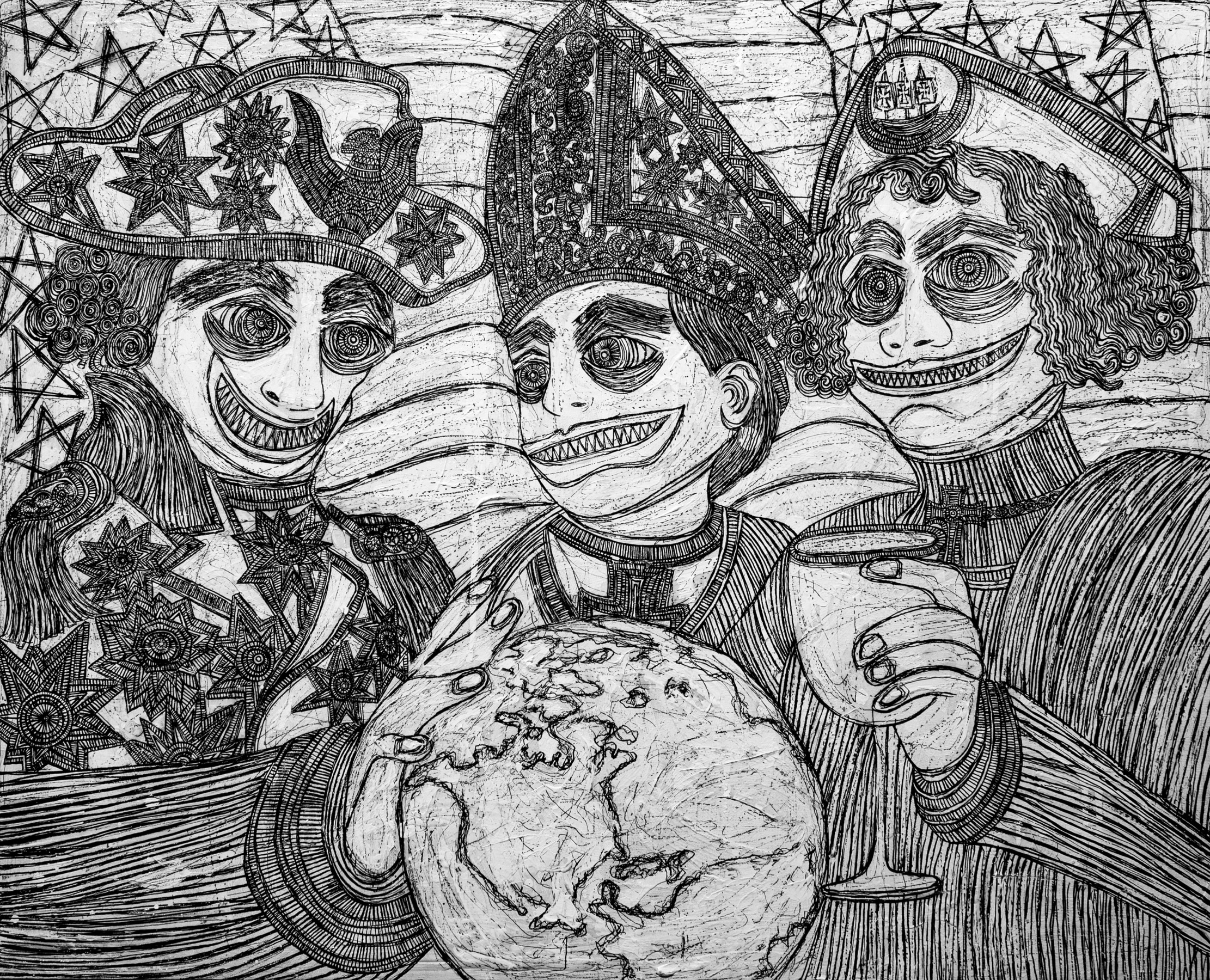 Black and white drawing of colonial world conquerers looking at a globe