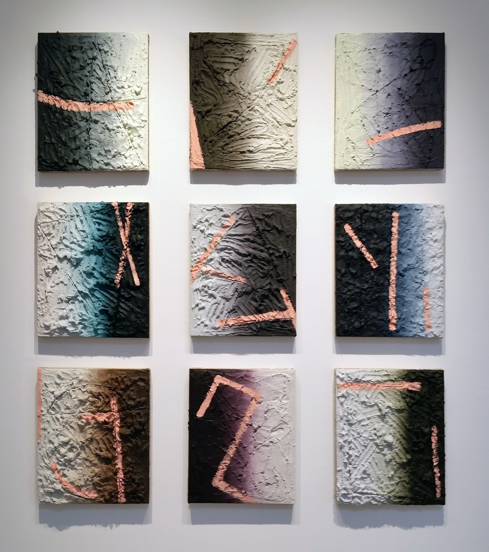 Molly Larkey The Ancestors (#1-9), 2014 (left to right, top to bottom) Acrylic, mixed media on burlap, panel  ​20 x 16 inches each