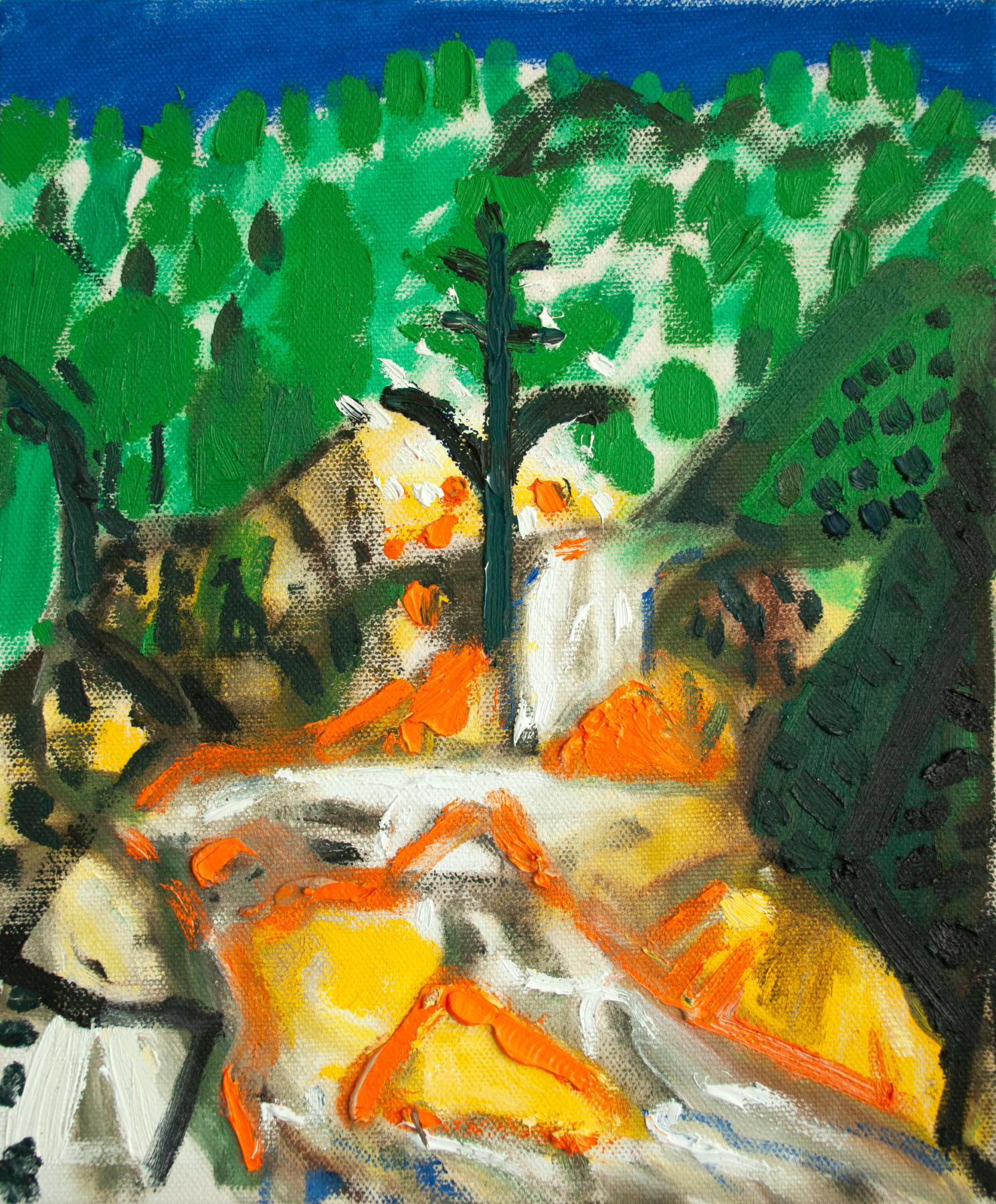 Oil painting of a river cascading down the mountain side