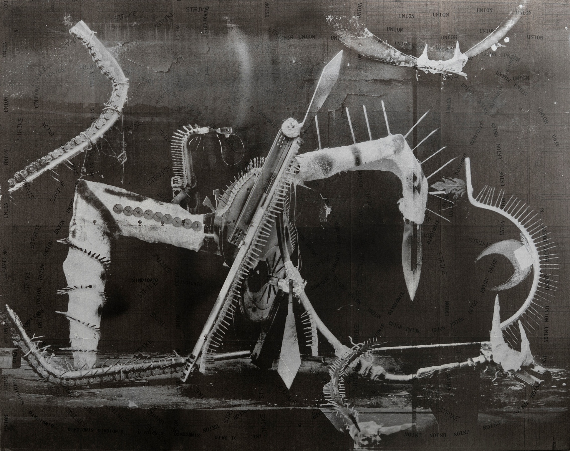 Rodrigo Valenzuela, Weapons #14, 2022, Screenprint and acrylic on collaged time cards on canvas, 48 x 60 in.