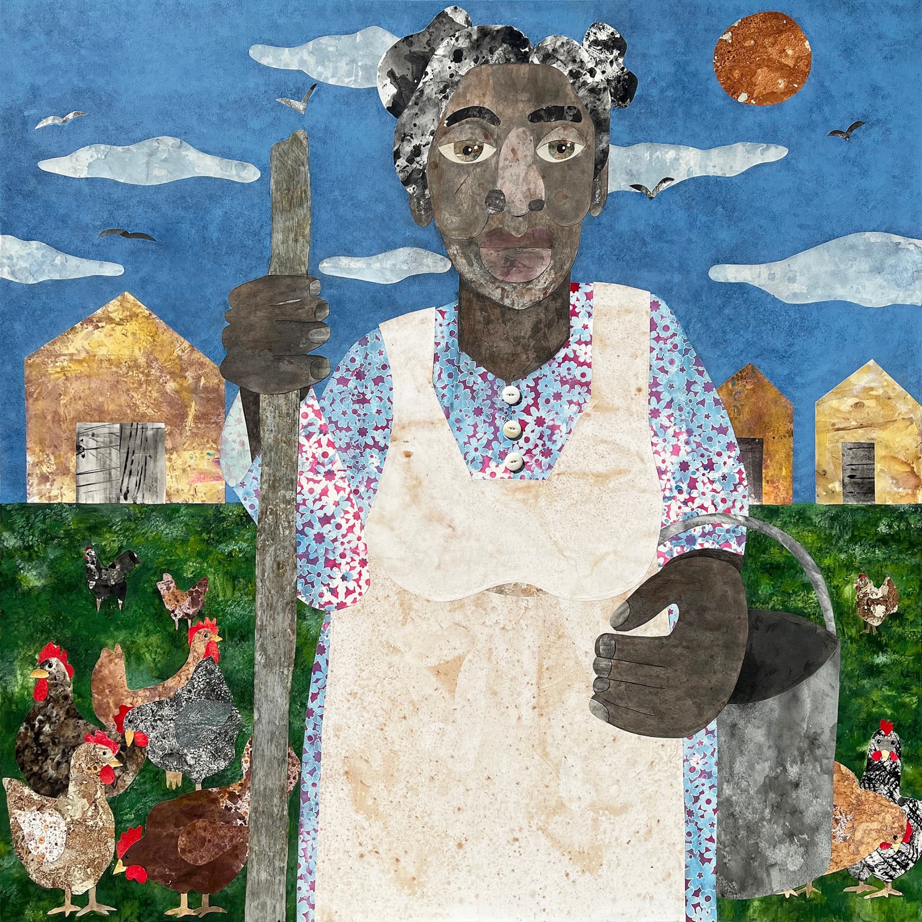 Evita Tezeno, Ain't Got Nothin' Else To Do But Work, 2022, Mixed media collage, buttons, and acrylic on canvas, 48 x 48 in.