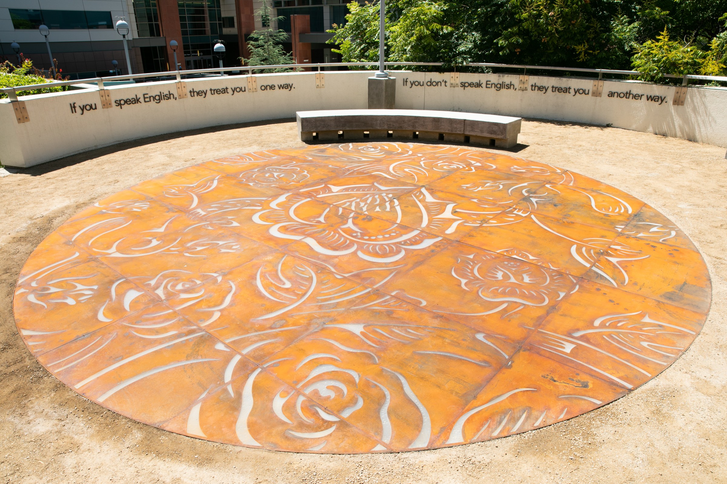 View of Phung Huynh, Sobrevivir, 2021, Corten steel and LED Lights, permanent installation at LAC + USC Medical Center, Los Angeles, CA. Photo by Steven Lam.