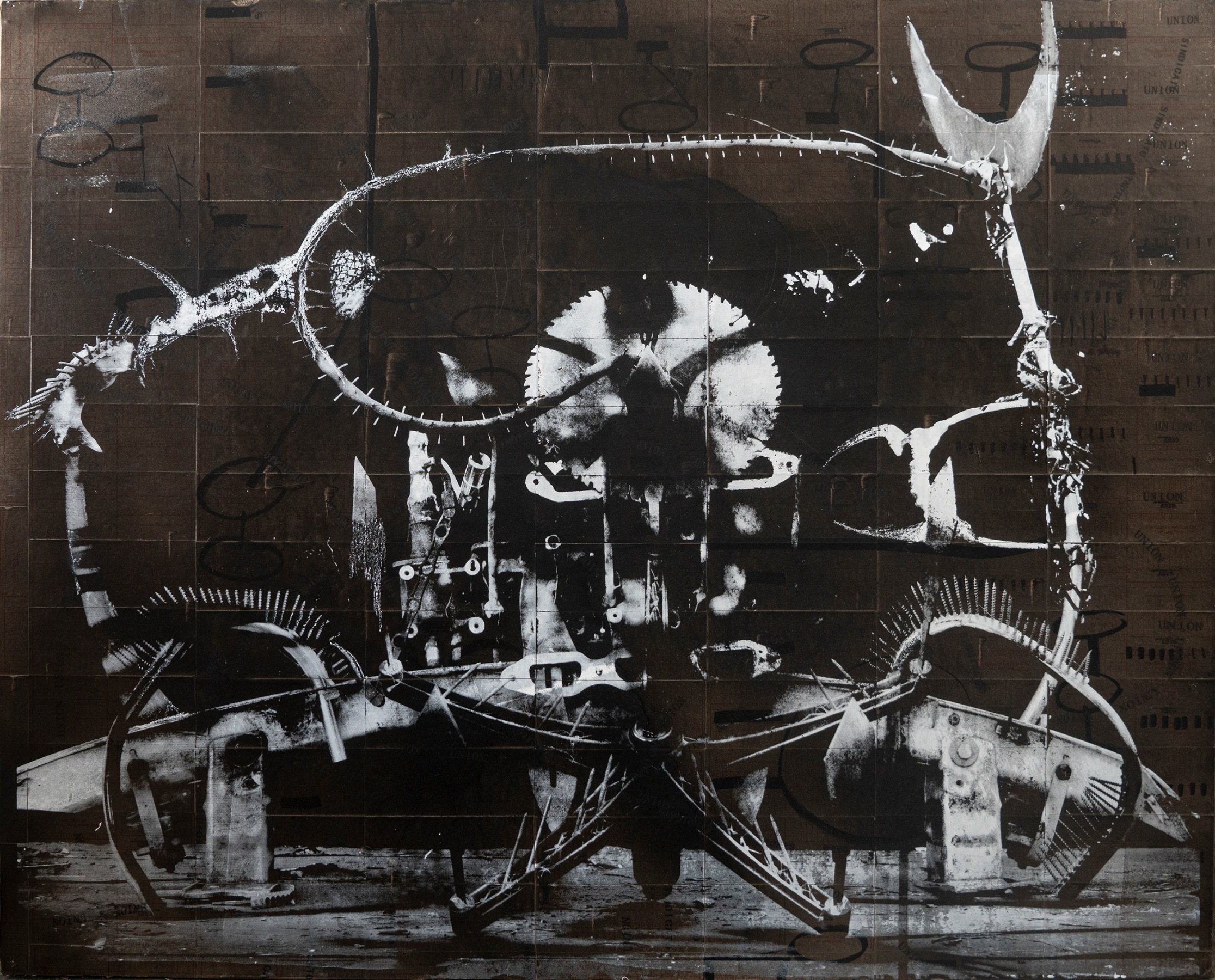 Rodrigo Valenzuela, Weapons #15, 2022, Screenprint and acrylic on collaged time cards on canvas, 48 x 60 in.