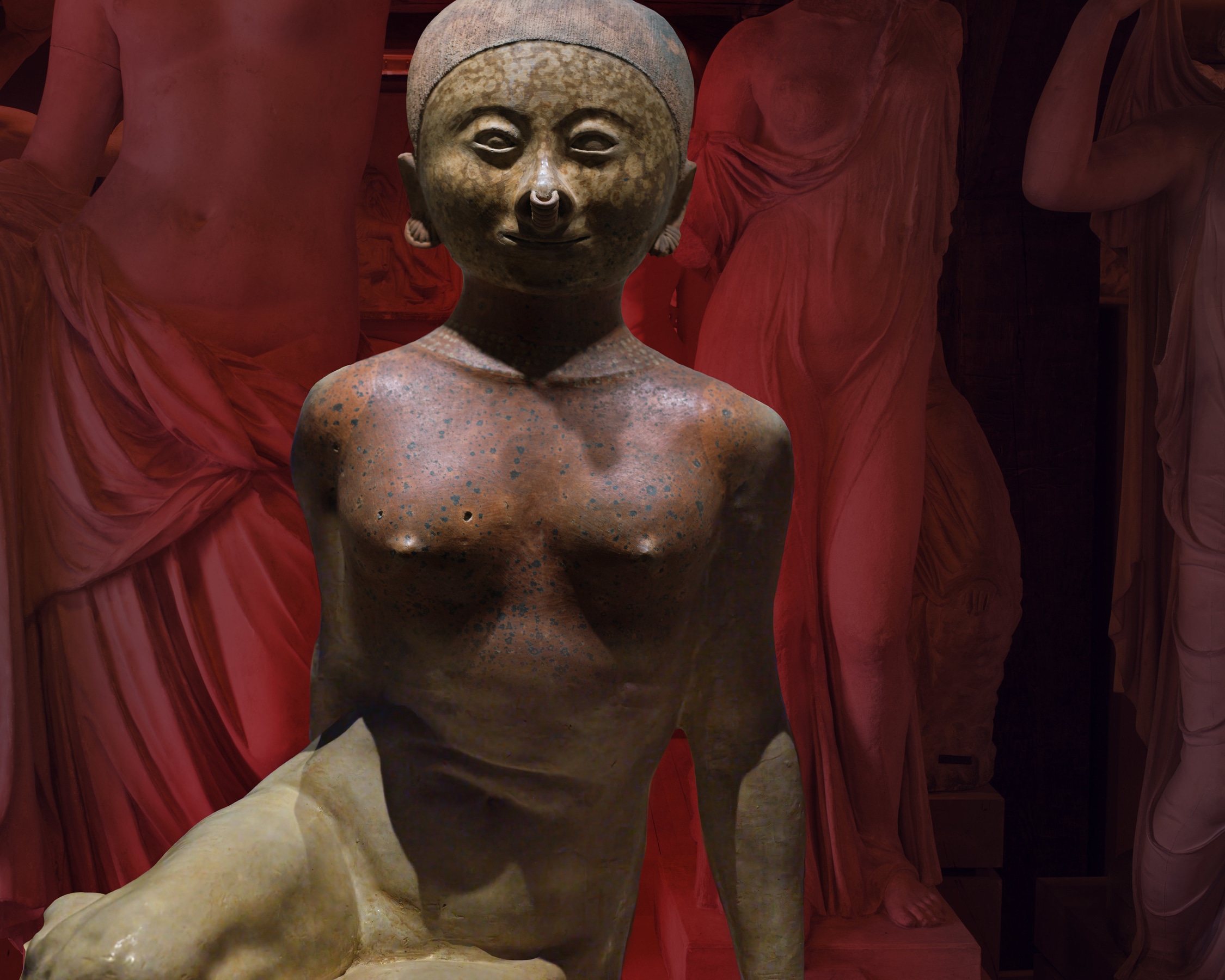 Ken Gonzales-Day Dolor (Digital composition with, Nayarit, Hollow Figure, National Museum of Anthropology, Mexico City; Clemente Islas Allende, Dolor, National Art Museum, Mexico City; Plaster Copies of Roman Copies, Royall Cast Collection, Copenhagen), 2025