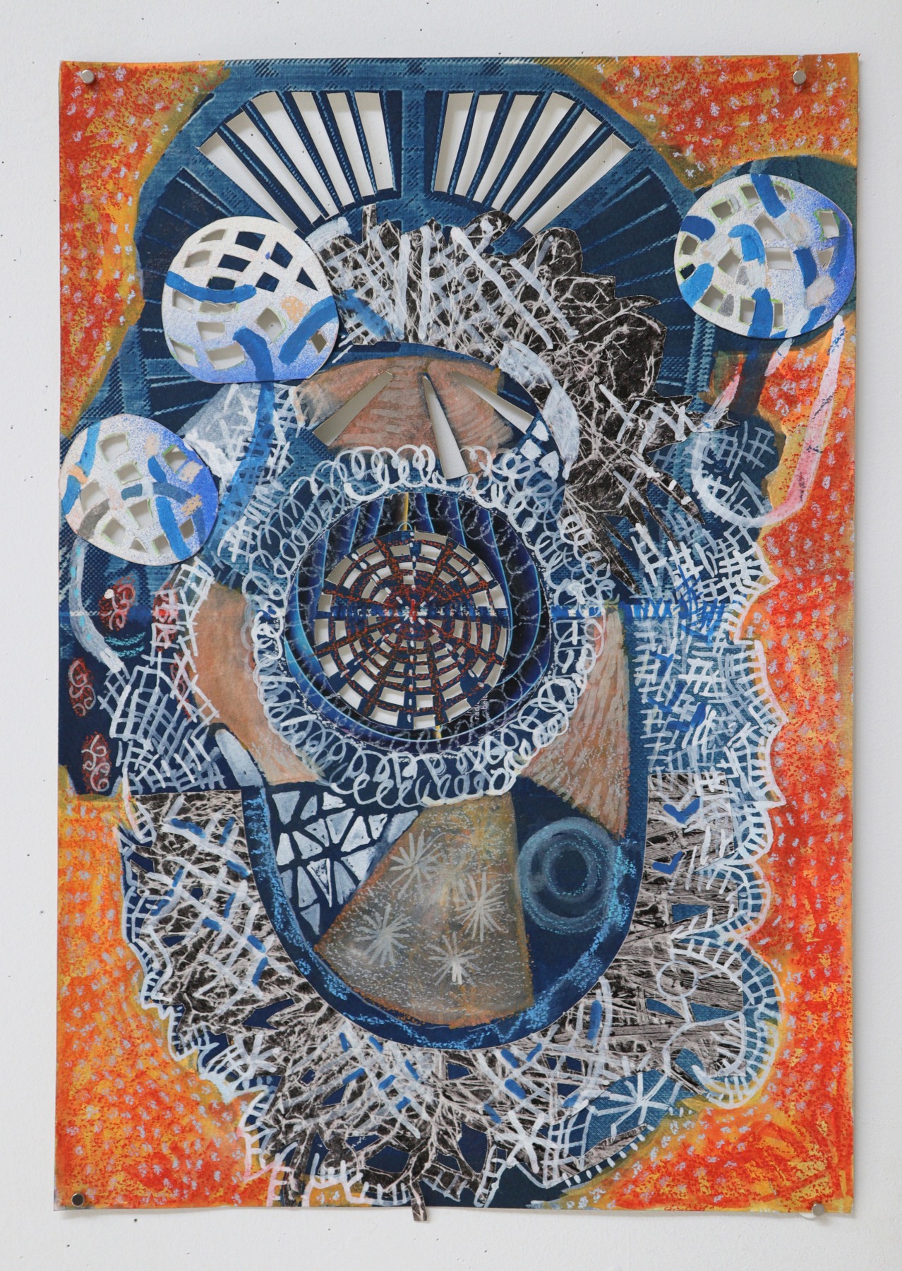 Fran Siegel Fanny Drawing, 2024 Crayon, watercolor, flashe on cyanotype on cut and collaged paper 16 x 12 in (40.6 x 30.5 cm)