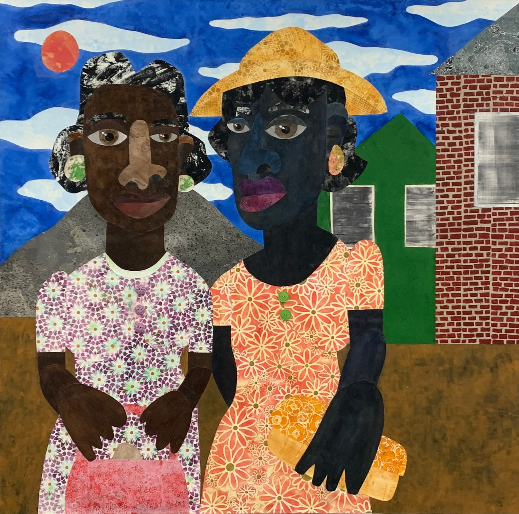Evita Tezeno, Walking in High Cotton: Aggie and Sis, 2022, Mixed media collage, buttons, and acrylic on canvas, 48 x 48 in.