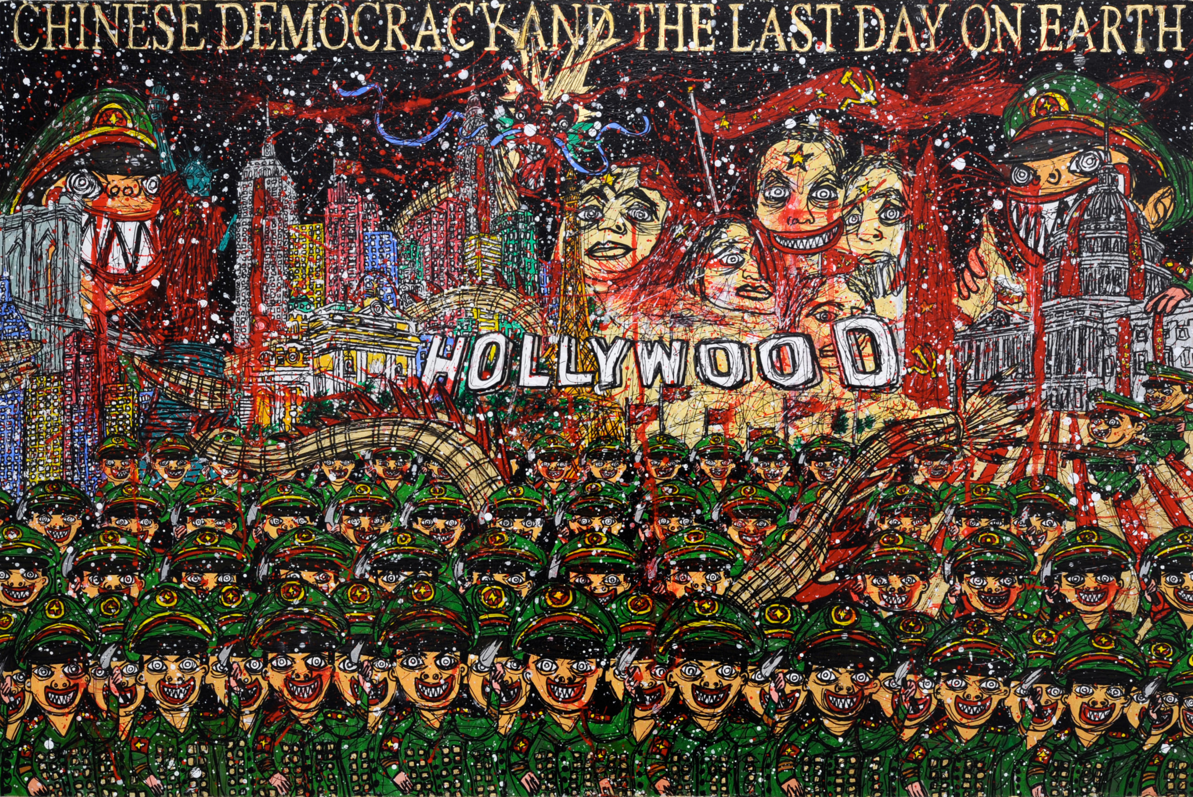 Federico Solmi Chinese Army Invading Times Square, 2011 Acrylic, ink, gold leaf on paper mounted on wood panel 20 X 30 in.