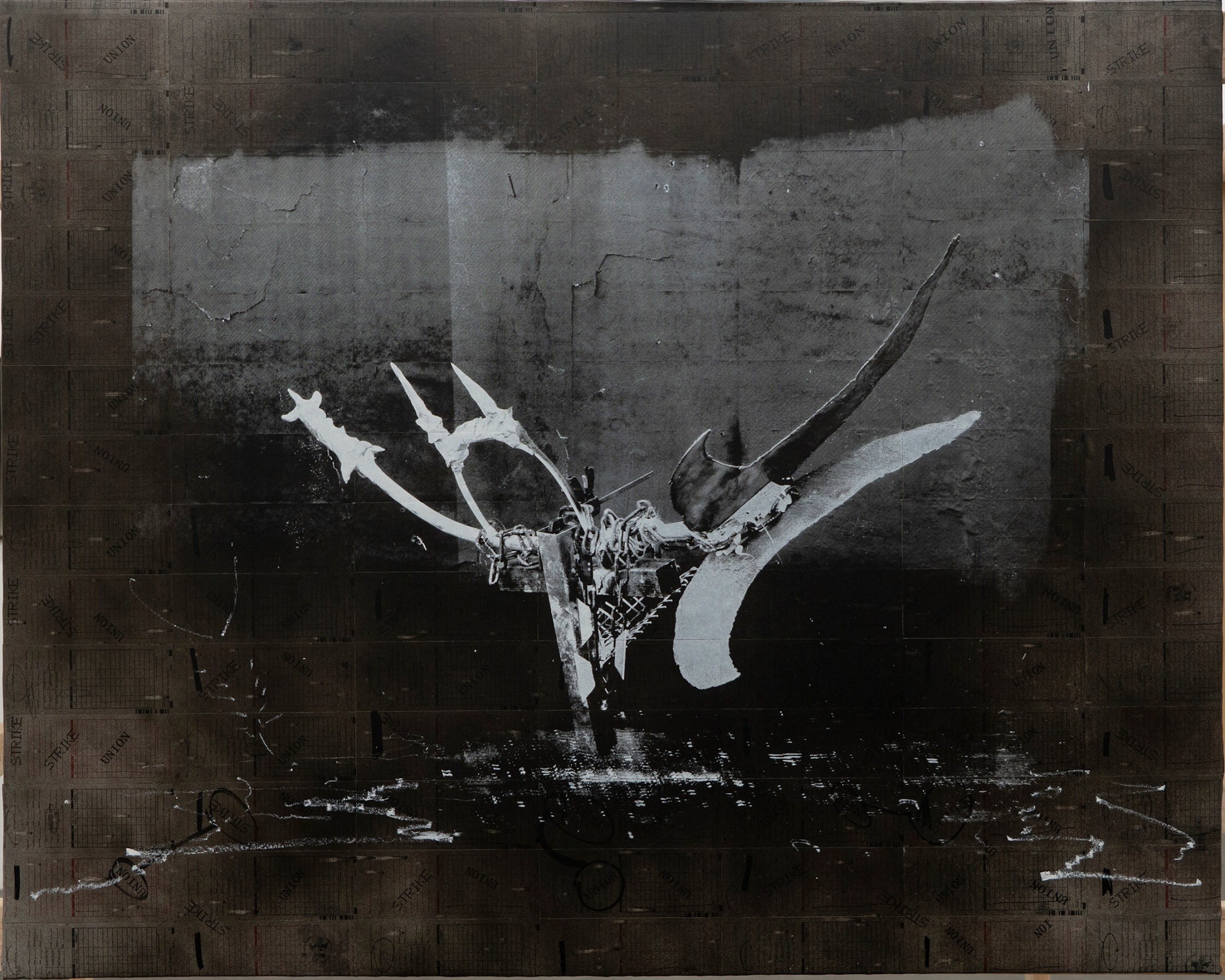 Rodrigo Valenzuela, Weapons #11, 2021, Screenprint on collaged time cards on canvas, 48 x 60 in.