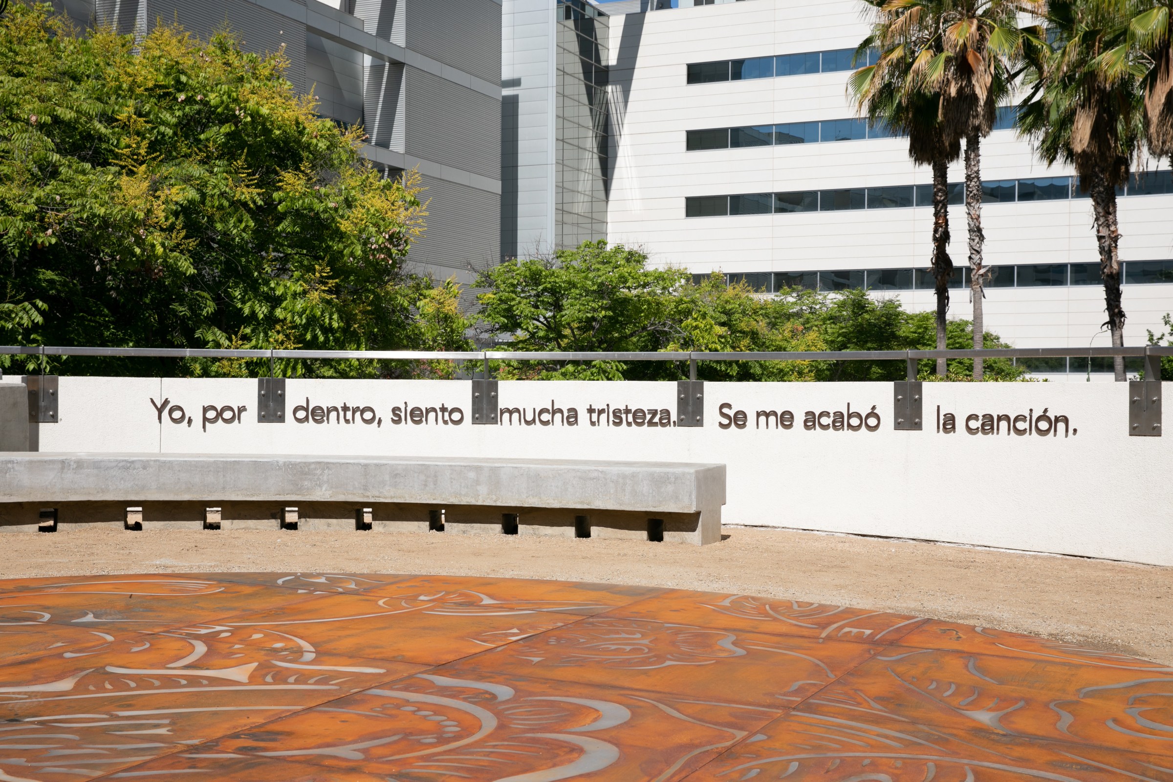 View of Phung Huynh, Sobrevivir, 2021, Corten steel and LED Lights, permanent installation at LAC + USC Medical Center, Los Angeles, CA. Photo by Steven Lam.