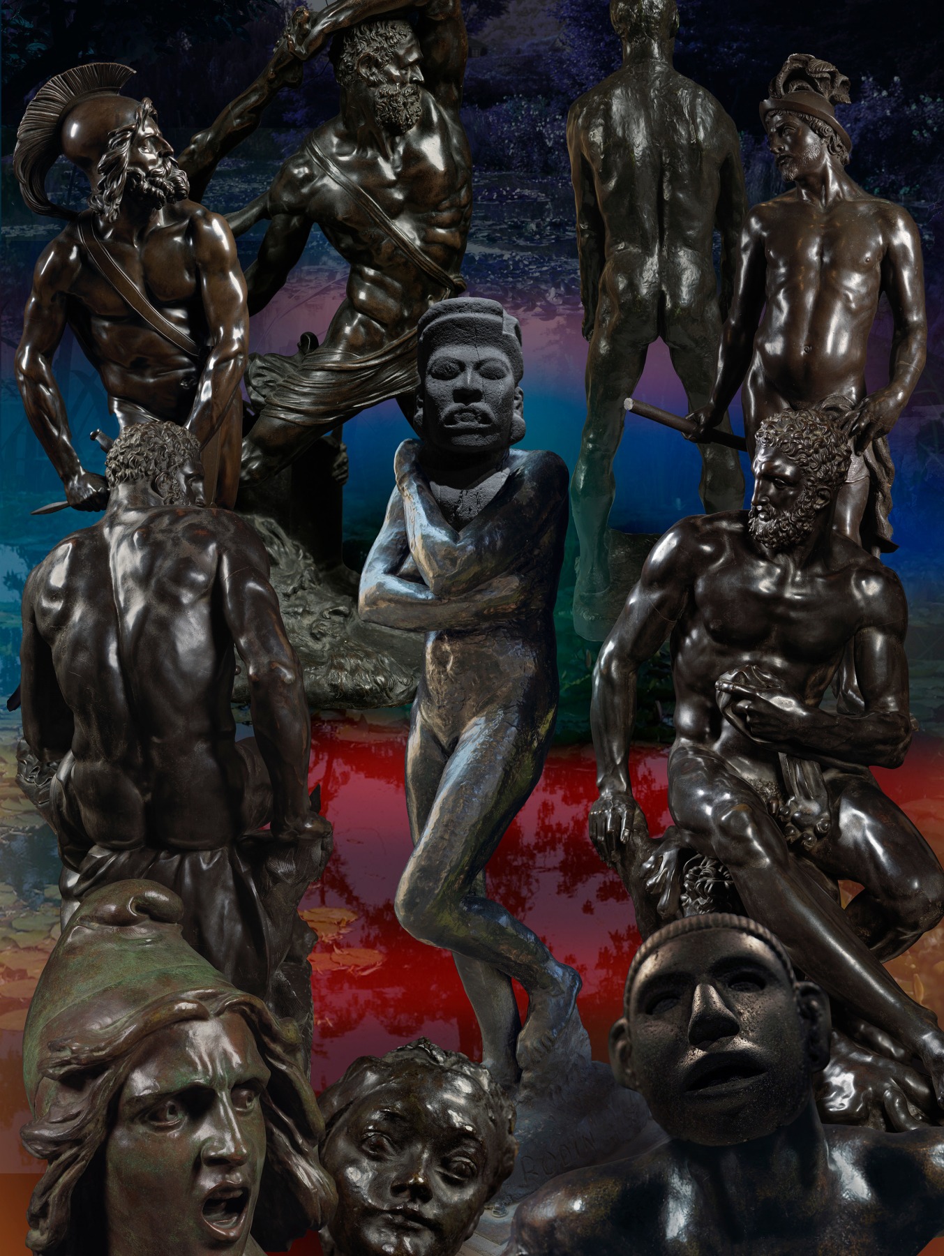 Ken Gonzales-Day Origin (Digital composition with Pierre-Jean David d&#039;Angers, Philopoemen; Antonio Canova, Hercules and Lychas; August Rodin, Nude Study for Jean D&rsquo;Aire; Hendrick de Keyser (circle of) Mars; Guillaume Boichot, Seated Hercules; August Rodin, Eve, with Mexico, Huasteca, Head of Female Figure, National Museum of Anthropology, Mexico City; Guillaume Boichot, Seated Hercules; Fran&ccedil;ois Rude, Head of the Genius of Liberty; Rodin, Head of a Girl; Rodin, The Cry, composited with Quetzalcoatl-Ehecatl Mask, Museum of Ethnology, Berlin; all LACMA, unless noted), 2025