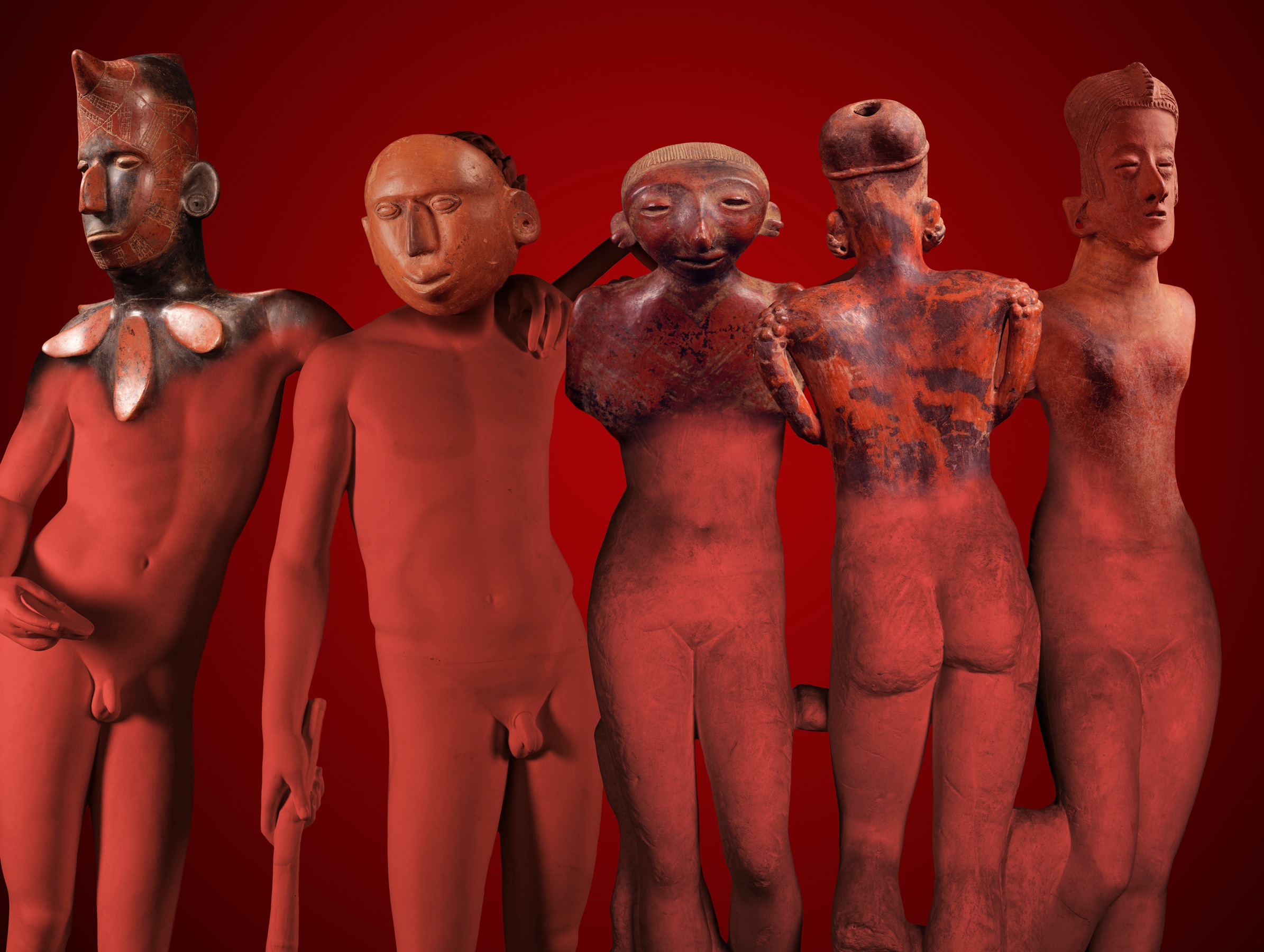 Ken Gonzales-Day Red Figures (Digital composition with, Mexico, Colima, Seated Figure, Dog with Human Mask; Mexico, Nayarit Seated Female Figure, Seated Female Figure; Mexico, Colima, Coahuayana Valley, Seated Female on Bench, all LACMA; Plaster of Roman, Castor and Pollux; Royal Cast Collection, Copenhagen; Plaster of Roman Copy of Three Graces, Royal Cast Collection, Copenhagen), 2025