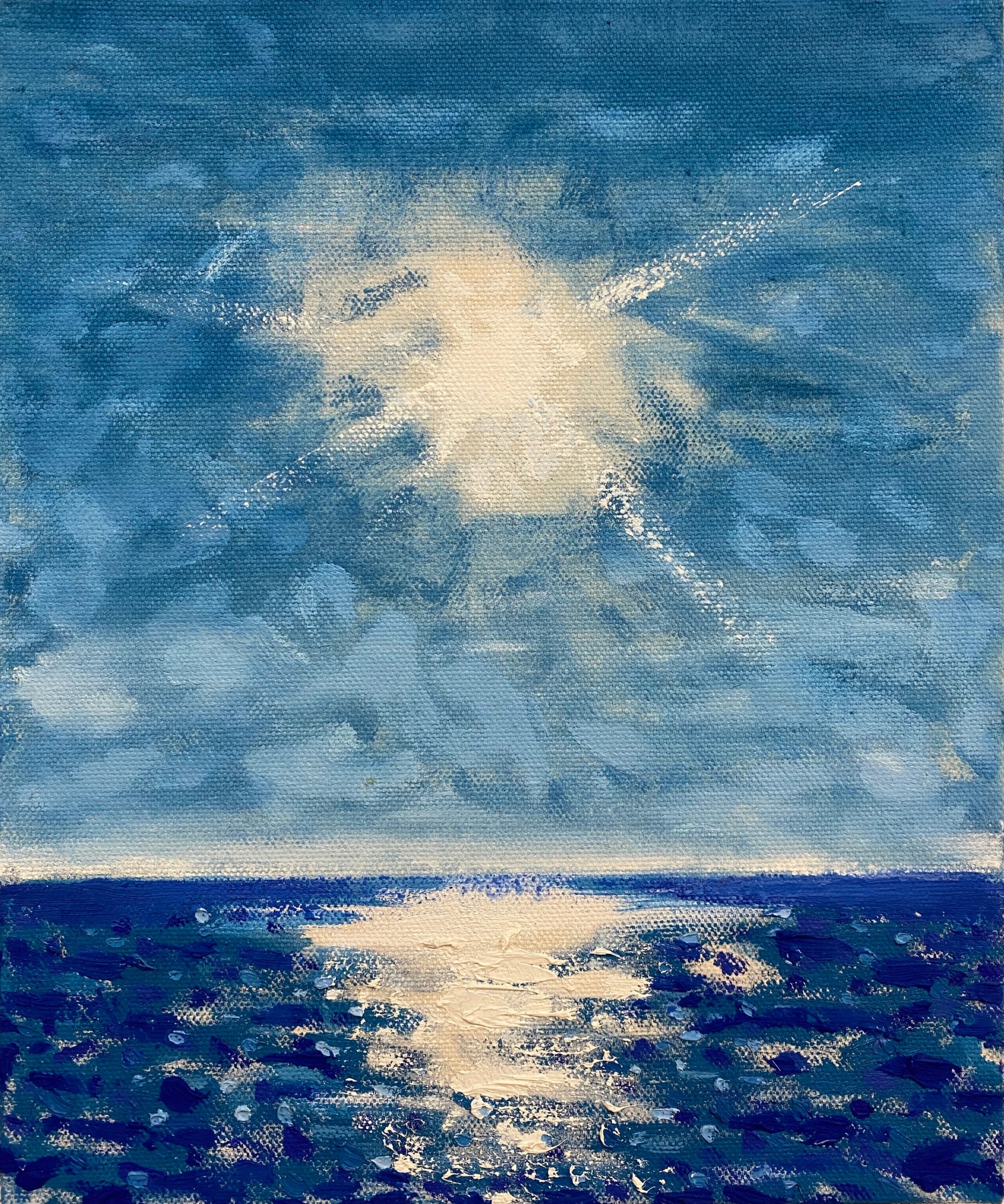 Oil painting of a sun shining over a vibrant blue ocean