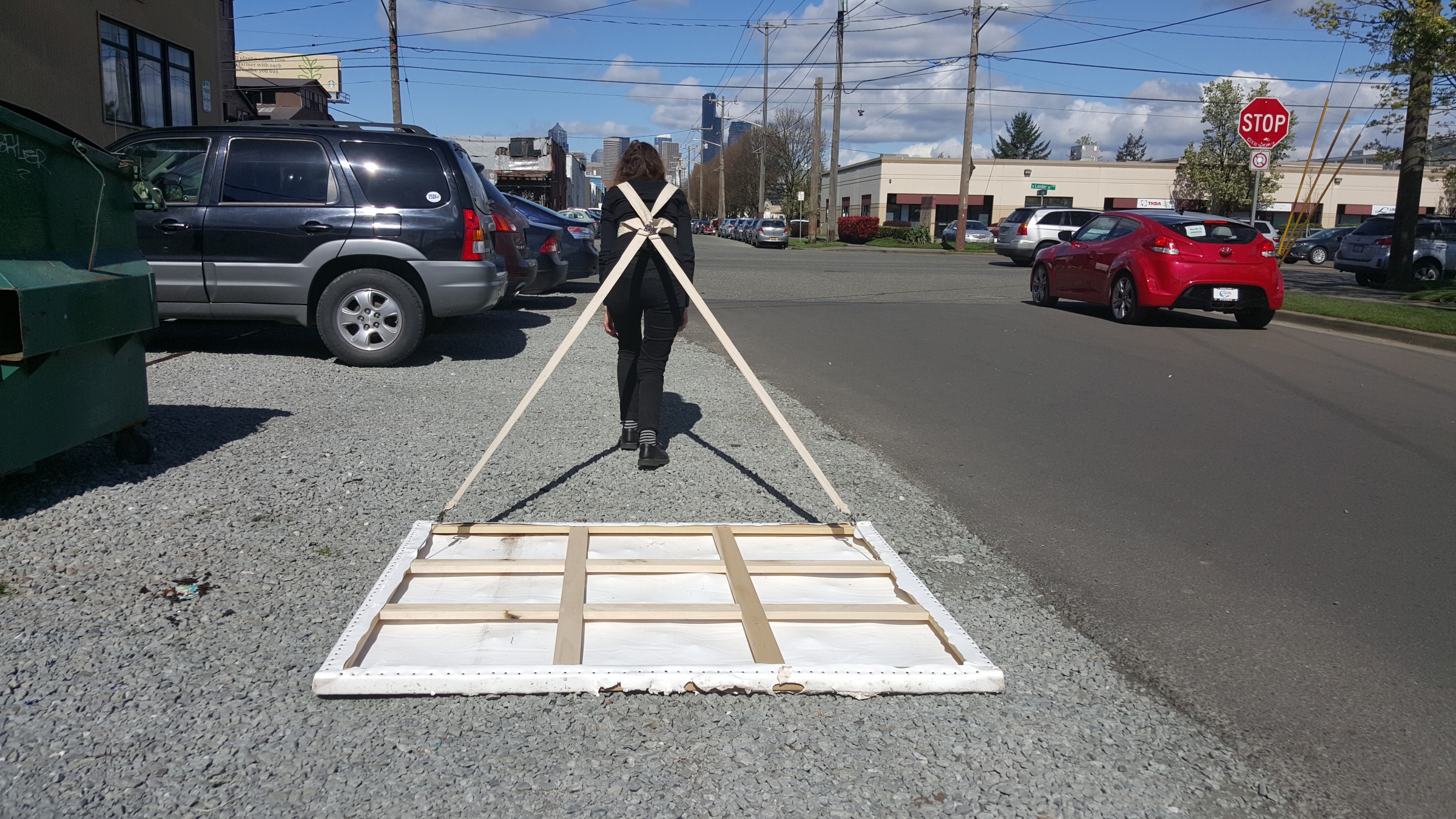 Example of Margie Livingston dragging her paintings.