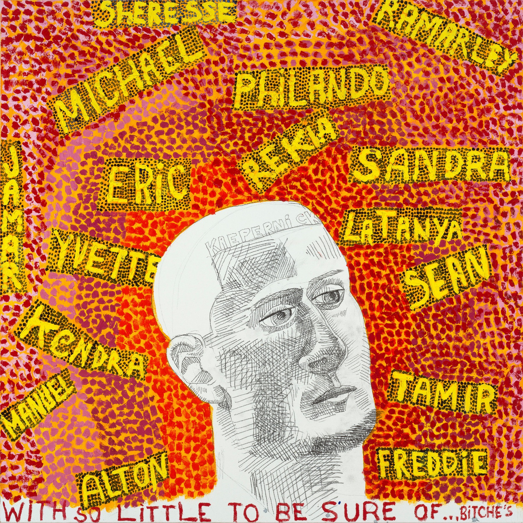 Peter Williams Special K II, Kaepernick, 2017 Oil on canvas with pencil 30 x 30 in.