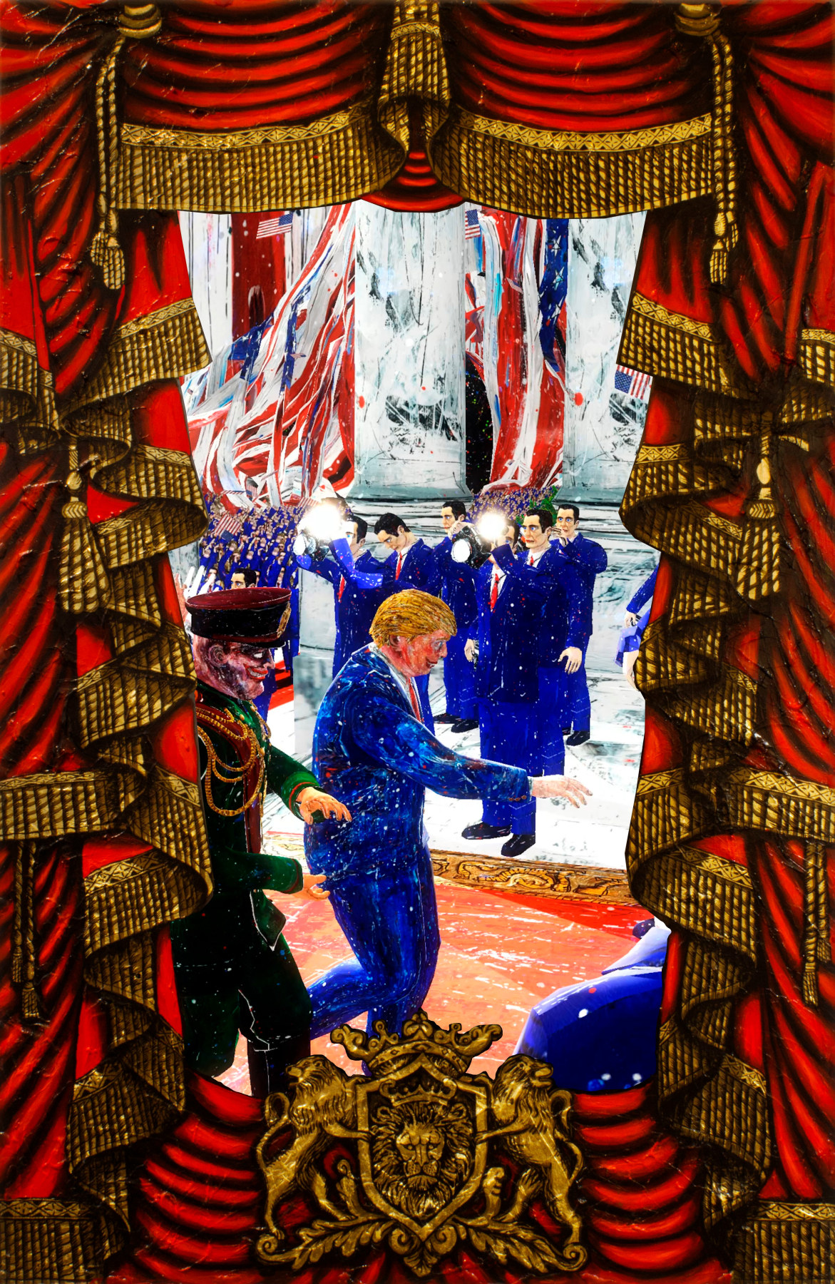 Federico Solmi, &quot;The Conspirators,&quot; 2017, Animated video-painting in painted artist frame, 58 x 38 inches