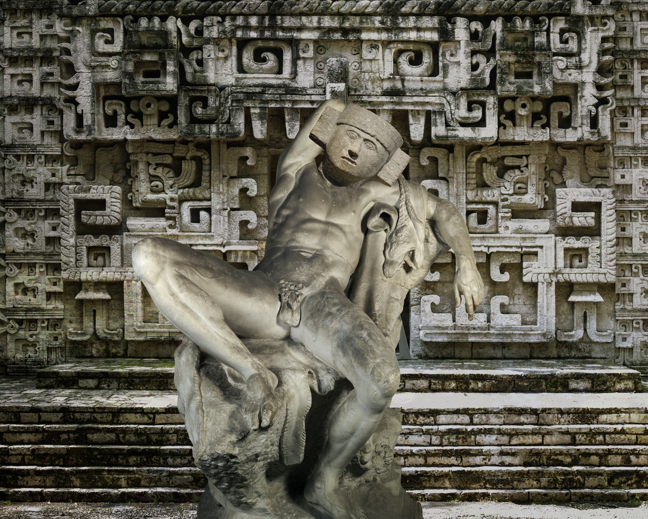 Ken Gonzales-Day Mexica Barberini (Digital composition with, Plaster copy of Hellenistic, The Barberini Faun a.k.a. &ldquo;Drunken Satyr,&rdquo; Royal Cast Collection, Copenhagen; Mexica, Head of Choc Mool; Mexico, Recreation of Mayan Temple, National Museum of Anthropology, Mexico City), 2025