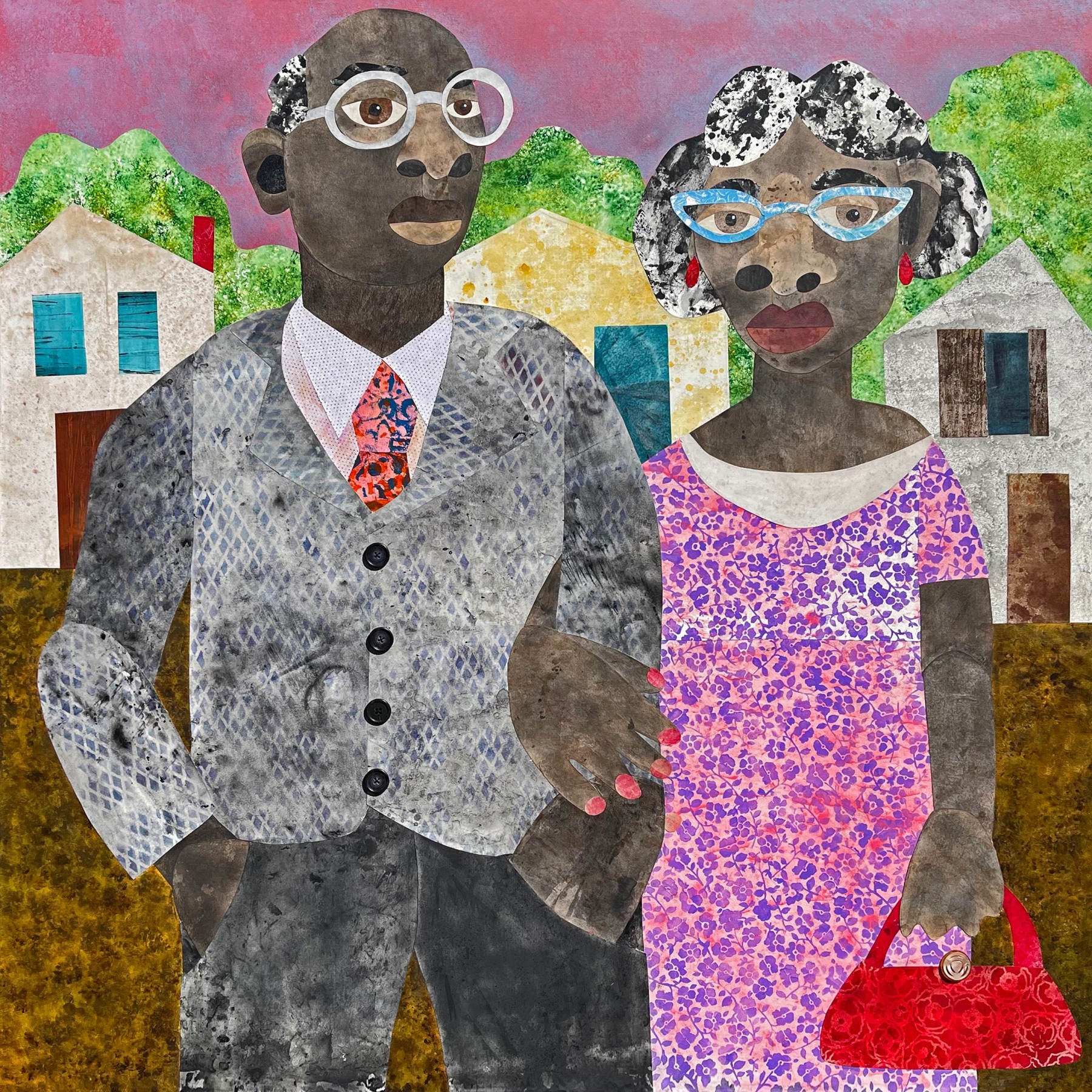 Evita Tezeno, I Still Get Butterflies When You Hold Me Tight, 2022, Mixed media collage, buttons, and acrylic on canvas, 48 x 48 in.