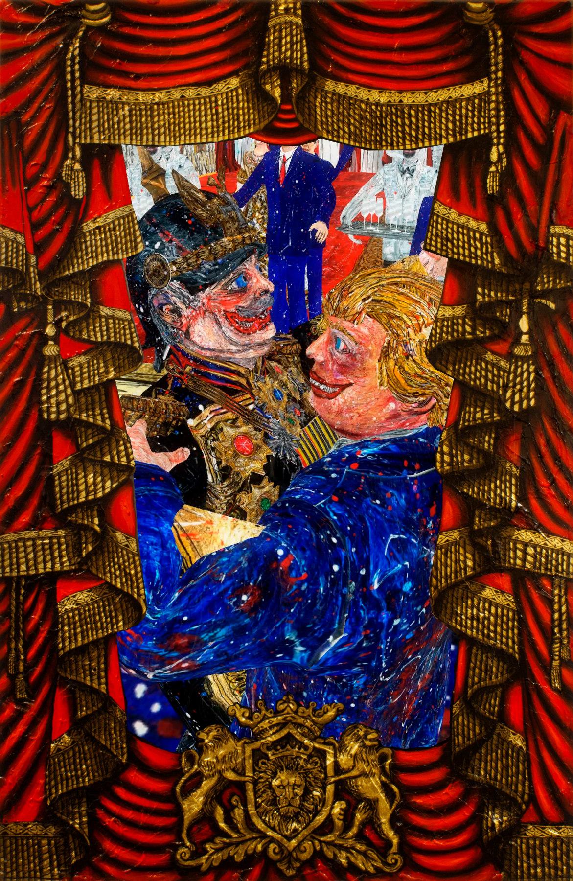 Federico Solmi, &quot;The Schemers,&quot; 2017, Animated video-painting in painted artist frame, 58 x 38 inches