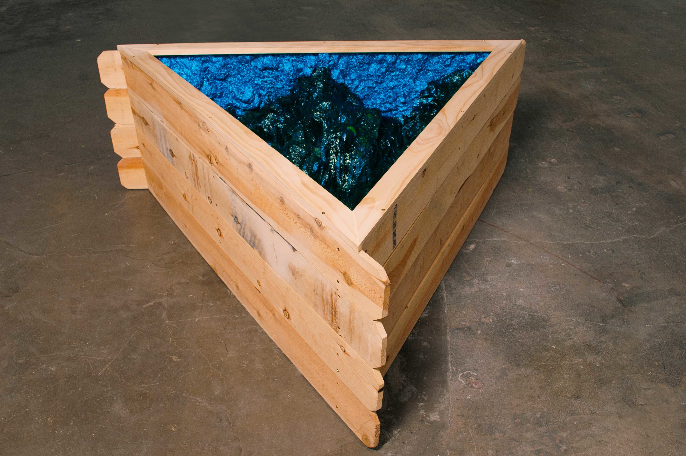 Matthew Carter  Ninety Acres of Property Filled with a Sinister Past, 2013 Glitter, hair, enamel paint, wood, and mixed media ​30 x 48 x 48 in.