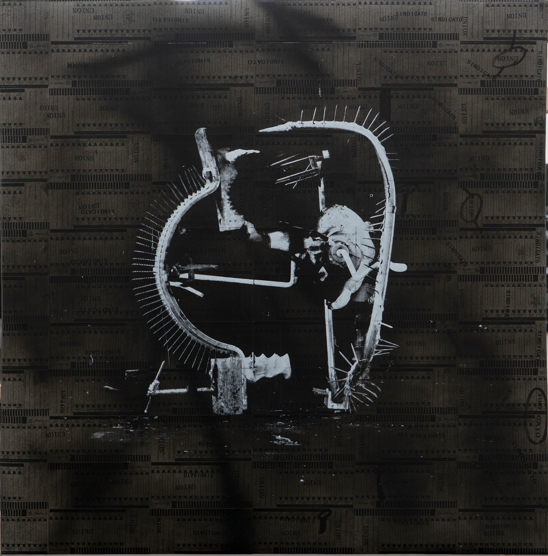 Rodrigo Valenzuela, Weapons #6, 2021, Screenprint on collaged time cards on canvas, 48 x 48 in.