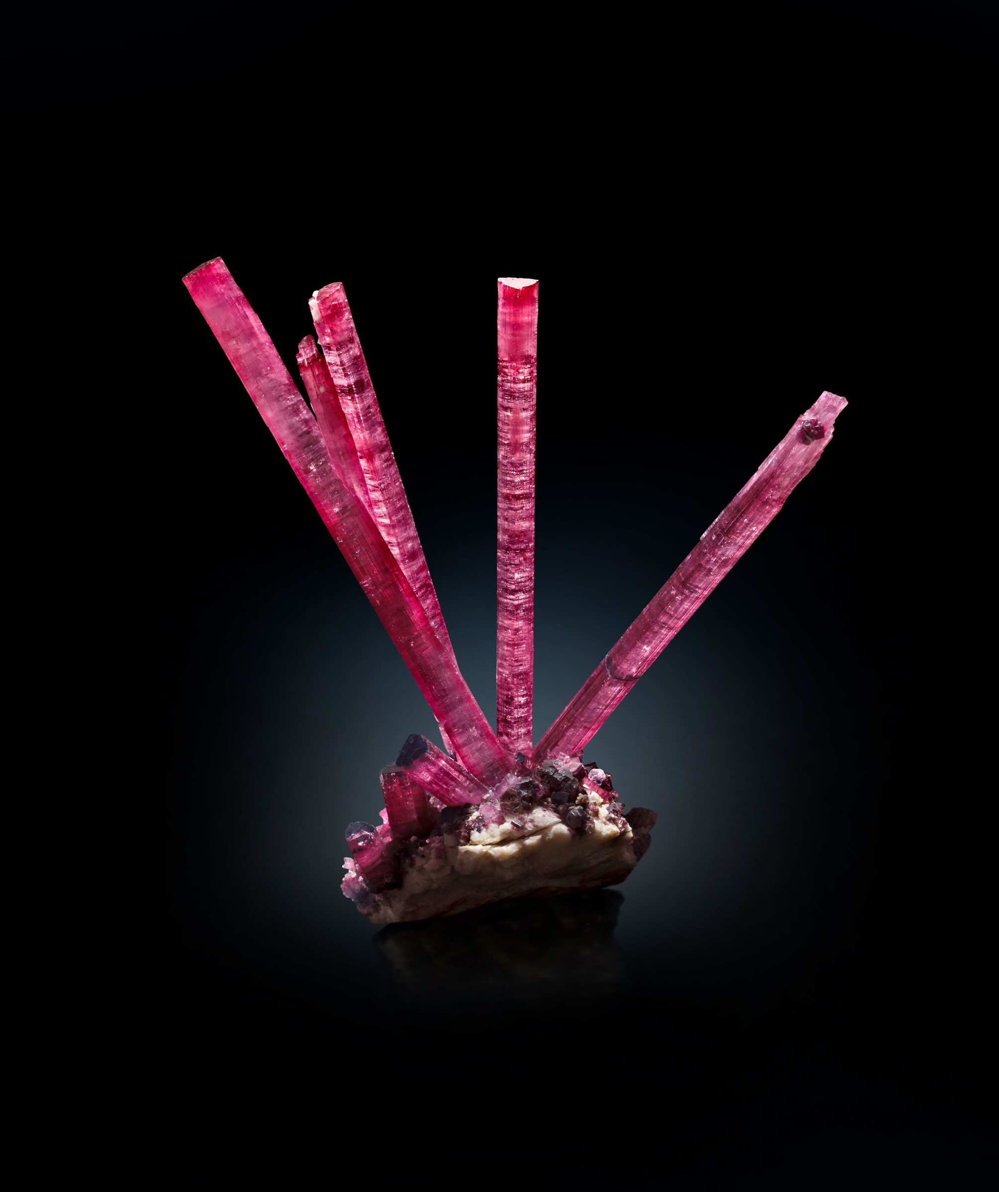 Tourmaline var. Rubellite &amp;ldquo;The Cranberry Crown&amp;rdquo;, Pederneira Mine, S&amp;atilde;o Jos&amp;eacute; da Safira, Minas Gerais, Brazil

Tourmaline is one of the very few minerals for which restoration/repair/reconstruction is considered to be not only acceptable, but wholly appropriate. This is because the pegmatite cavities in which the minerals grew almost inevitably collapsed in the course of geological time, thereby naturally breaking these delicate, wand-like crystals. For pieces such as this, many hours of painstaking piecing together of a three-dimensional jigsaw results in an end-product looking just as Mother Nature intended.