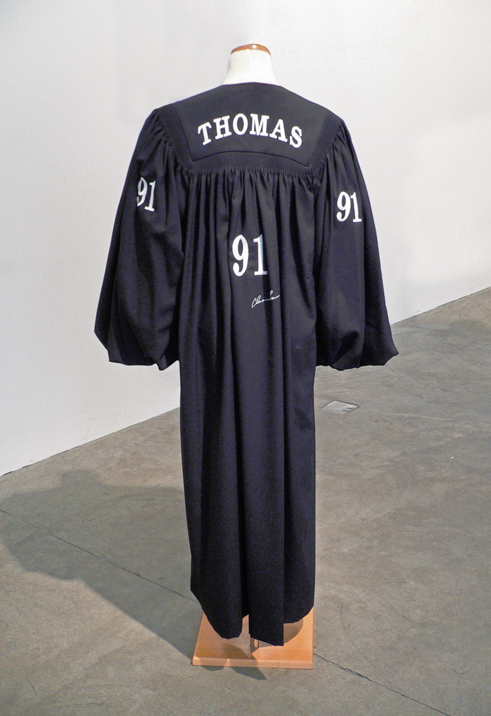 Rashid Johnson
Signed Clarence Thomas &amp;ldquo;Uncle Tom All-Stars&amp;rdquo;&amp;nbsp;Judicial Robe Jersey, 2006
ink on wonder crepe with embroidery on dress form
68 x 30 x 12 inches
(172.72 x&amp;nbsp;76.2 x&amp;nbsp;30.48 cm)