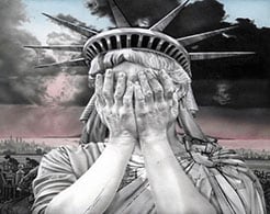 Poster for exhibition, portraying the statue of liberty crying 