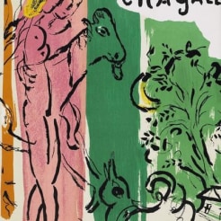 Close up view of an illustration with thick stripes of dark orange, light reddish pink, evergreen, and light green from left to right. On top of the thick lines of color is line art in black ink of a cow like animal on the left, a tree on the right, with various other details of nature between and surrounding them. 