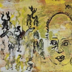 a painting by self-taught artist Purvis Young of a figure surrounded by Zulu riders and ants