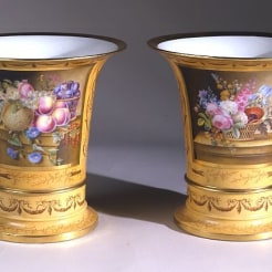 Pair Flared Cache Pots on Stands, with Ochre Ground and Still-life Panels