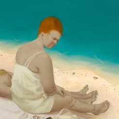 a surrealist painting by Honore Sharrer of a couple laying in the sand at the beach (crop)