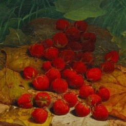 WILLIAM MASON BROWN (1828–1898), "Strawberries Strewn on a Forest Floor," c. 1865–70. Oil on canvas, 12 x 10 in. (detail).