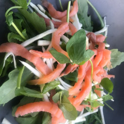 Wild Arugula and Pea Shoot Salad with Smoked Salmon and White Truffle Oil