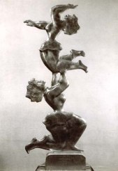 Bronze sculpture by Chaim Gross showing two female acrobats stacked with the bottom one holding the upper one in the air.