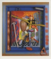 Exhibition announcement picturing Colin Lanceley, Vermeer Cooks an Egg 1994