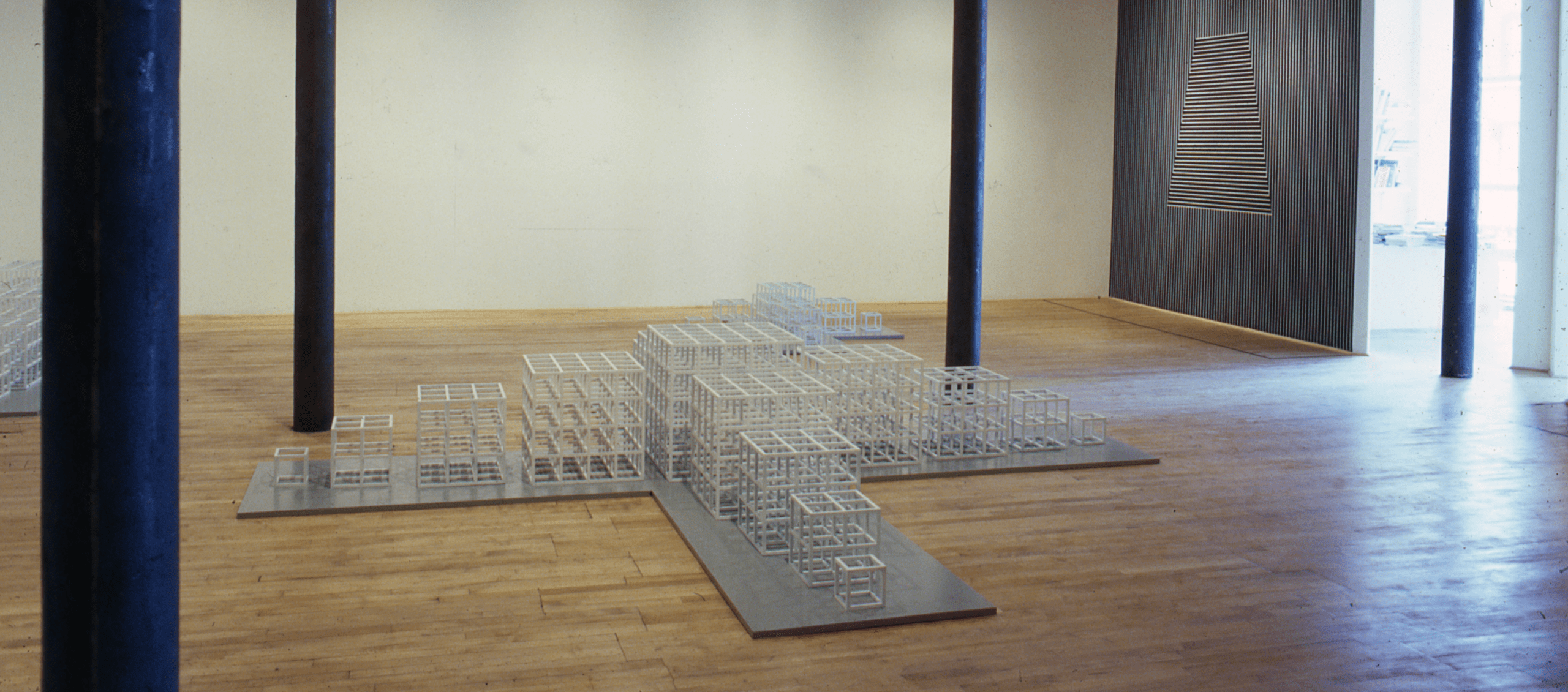 Installation view at Rhona Hoffman Gallery, Sol LeWitt, New Structures, Wall Drawing, Drawings, 1980. 