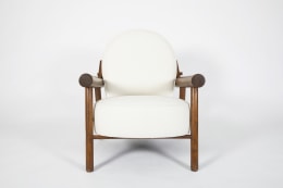 Attributed to Charlotte Perriand, pair of armchairs, single chair eye level front view
