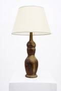 La Borne's ceramic table lamp, full view with white lamp shade