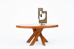 Pierre Chapo's &quot;T21E&quot; dining table, full view with Alain Douillard's sculpture on top