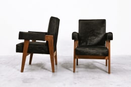 Le Corbusier, Pierre Jeanneret &amp; Jeet Lal Malhotra's &quot;Advocate and Press&quot; pair of armchairs, side and front views