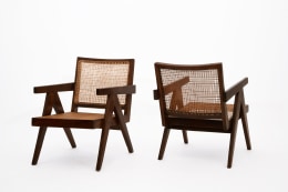 Pierre Jeanneret's pair of easy armchairs diagonal front and back view