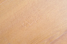 Pierre Chapo's &quot;T02P&quot; coffee table detail of stamp on wood