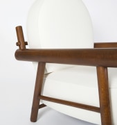 Attributed to Charlotte Perriand, pair of armchairs, close up view of arms and wooden frame of single chair