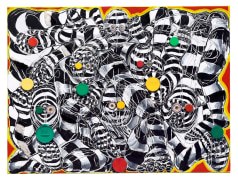 , TRENTON DOYLE HANCOCK, Bloodshot Eyes, Trippy Patterning, Red, Green,&nbsp;and Yellow Coloration. Yep, This Piece Must be&nbsp;about Traffic Lights.,&nbsp;2016. mixed media on canvas, 40 x 30 x 1 1/2 in.